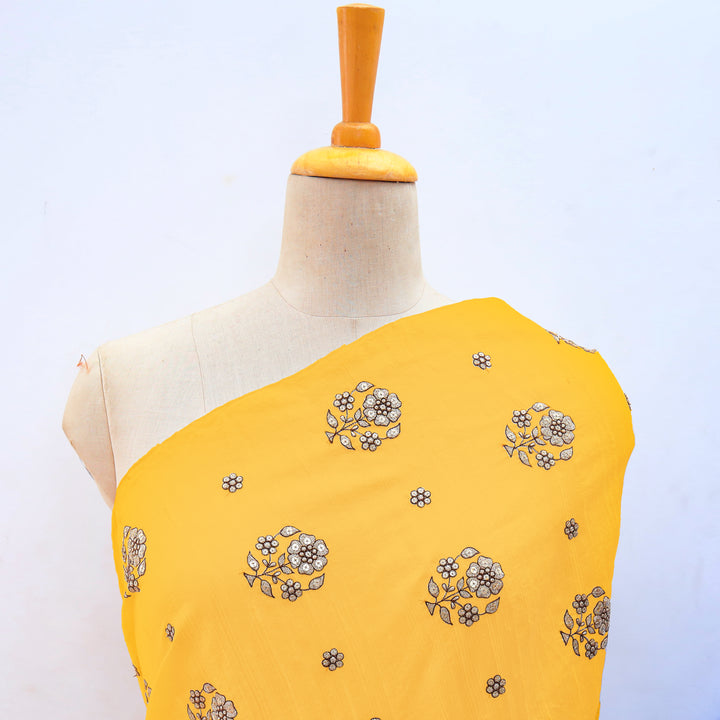 Aesthetic Yellow Dupioni Floral Embroidery Fabric