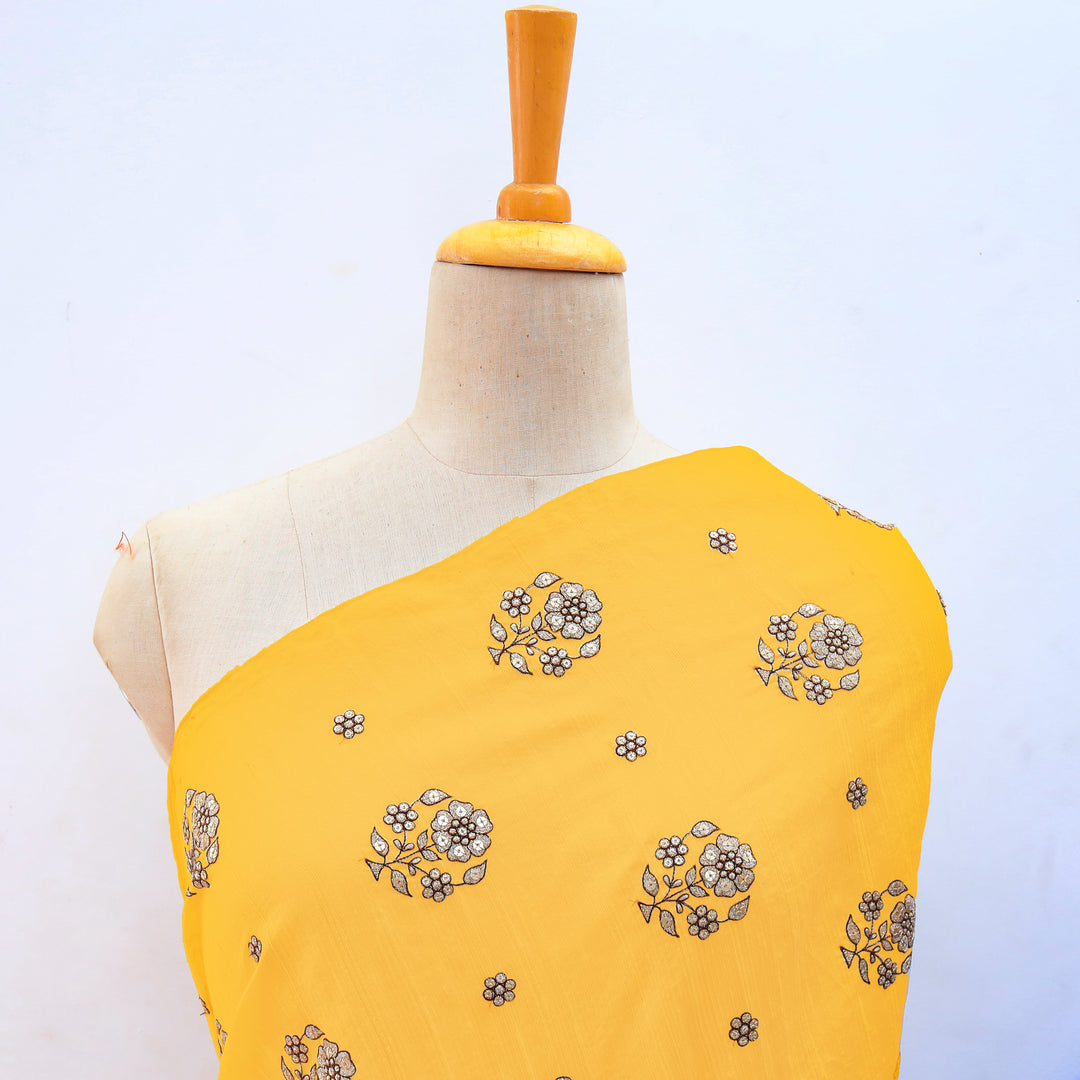 Aesthetic Yellow Dupioni Floral Embroidery Fabric