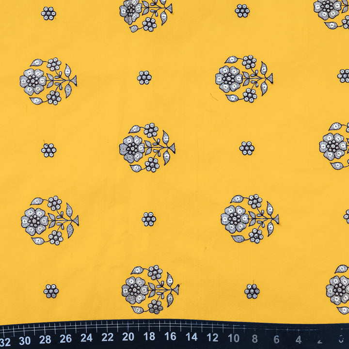 Aesthetic Yellow Dupioni Floral Embroidery Fabric