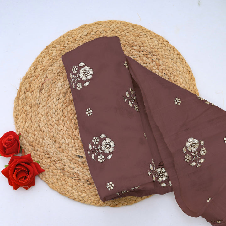 Deep Coffee Dupion Floral Embroidery Fabric
