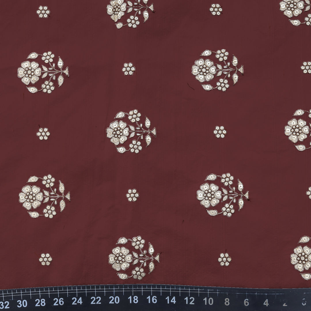 Deep Coffee Dupion Floral Embroidery Fabric