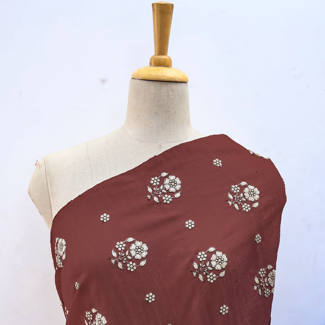 Burnt Henna Dupion Floral Embroidery Fabric