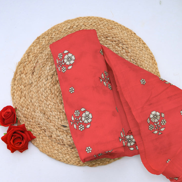 Sunset Orange Dupion Floral Embroidery Fabric