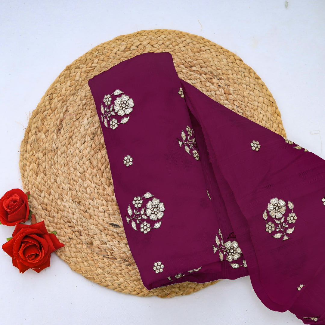 Cardinal Purple Dupion Floral Embroidery Fabric