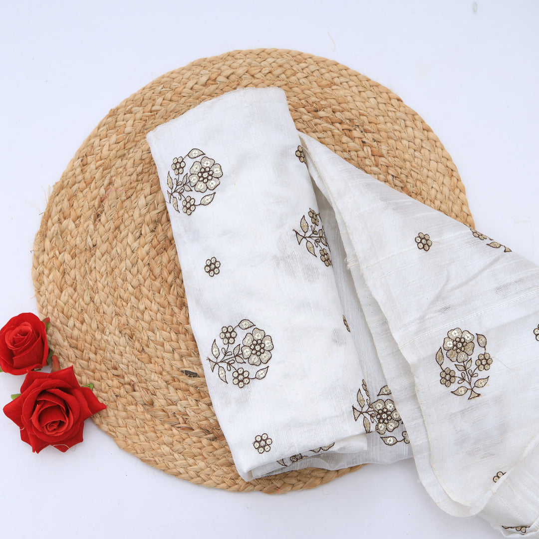 White Dupion Floral Embroidery Fabric