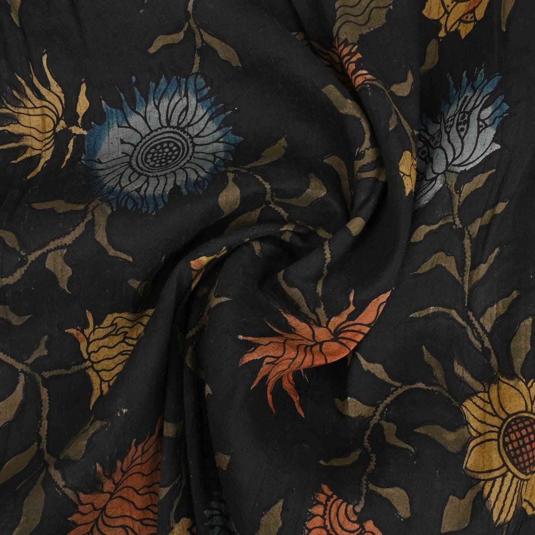 Black Rawsilk Fabric With Pen Kalamkari Designs