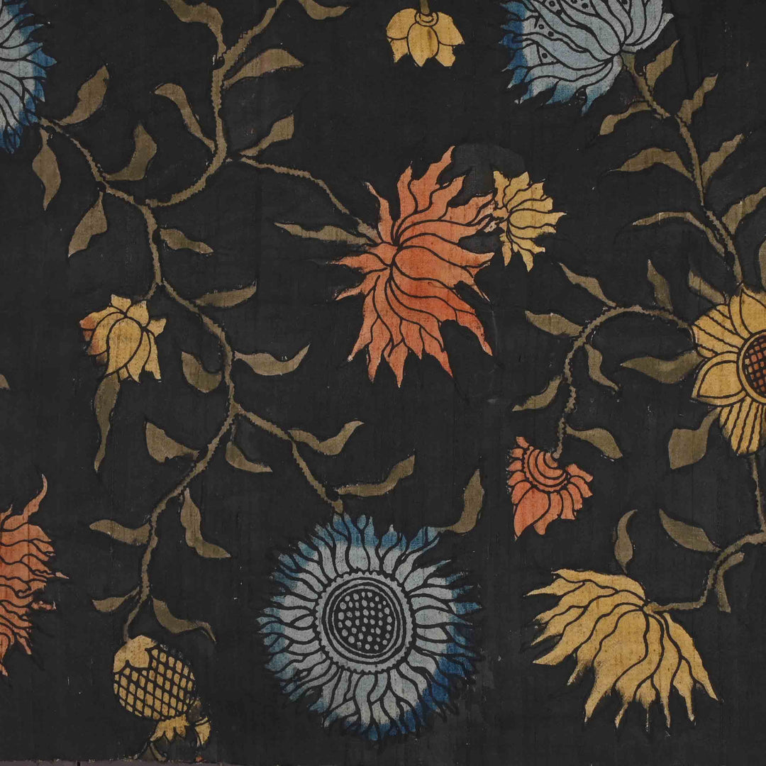 Black Rawsilk Fabric With Pen Kalamkari Designs