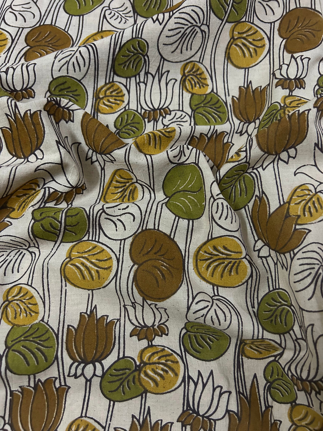 Lotus And Leaf Green Kalamkari Fabric