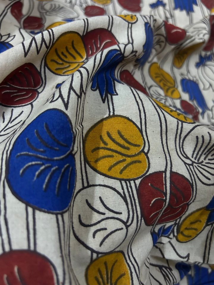 Lotus And Leaf Kalamkari Floral Fabric
