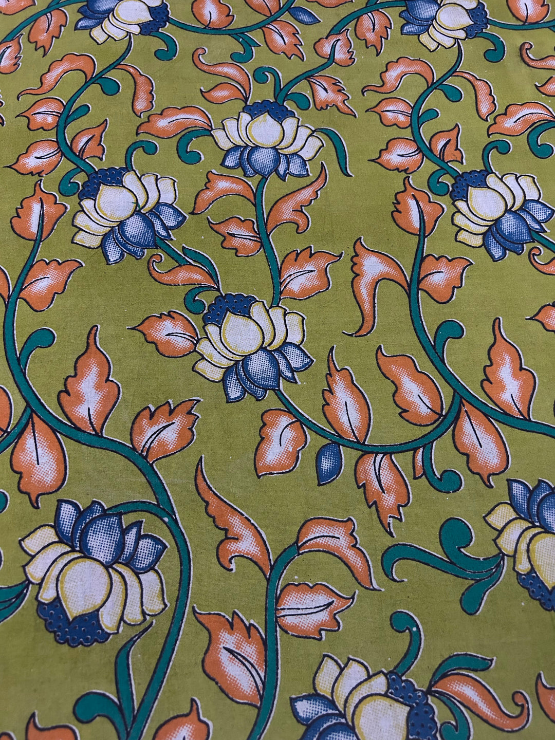 Green Kalamkari Floral Jaal Lotus On Cotton Fabric