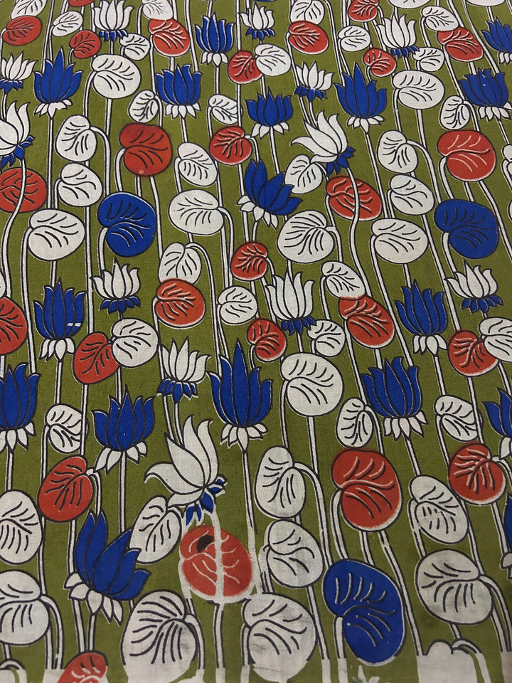 Green Cotton Fabric With Kalamkari Print