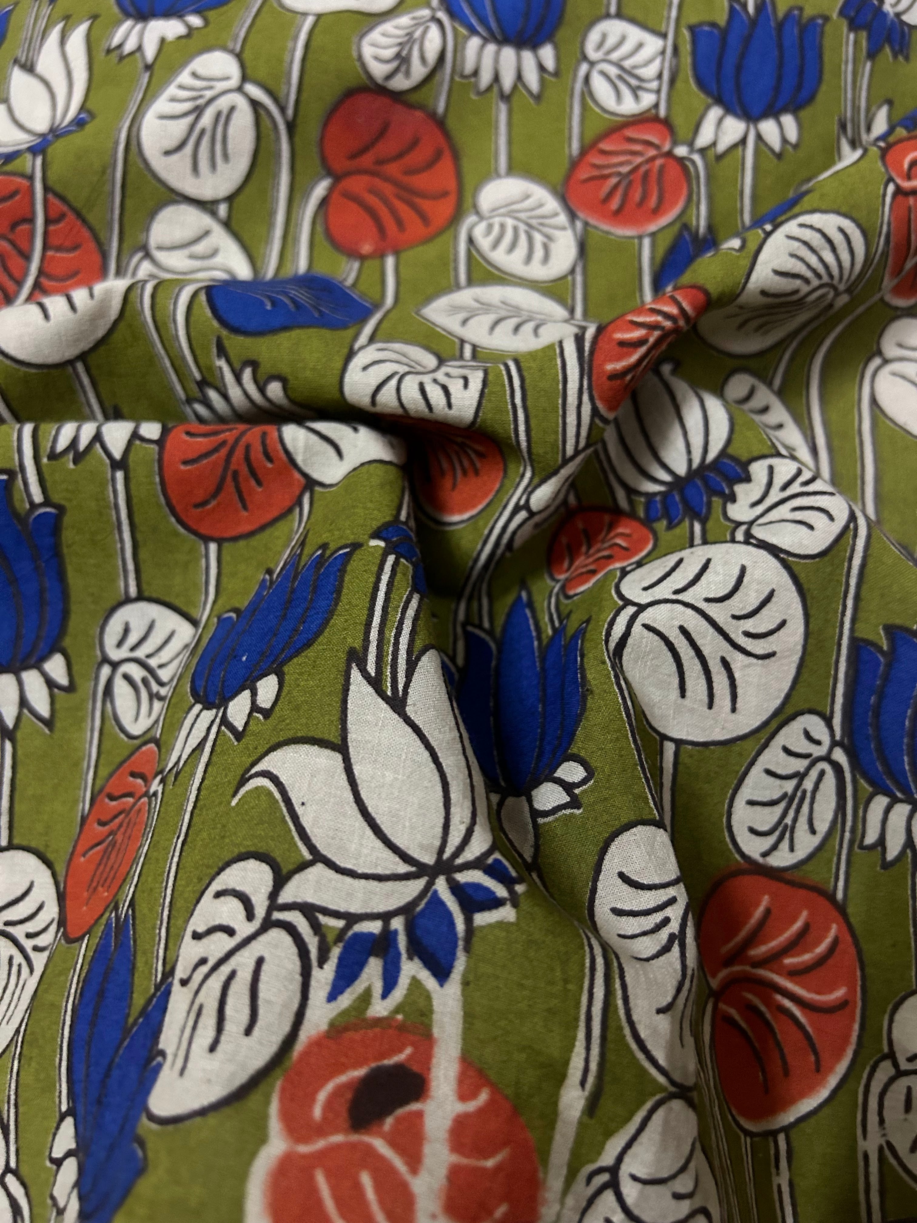 Green Cotton Fabric With Kalamkari Print