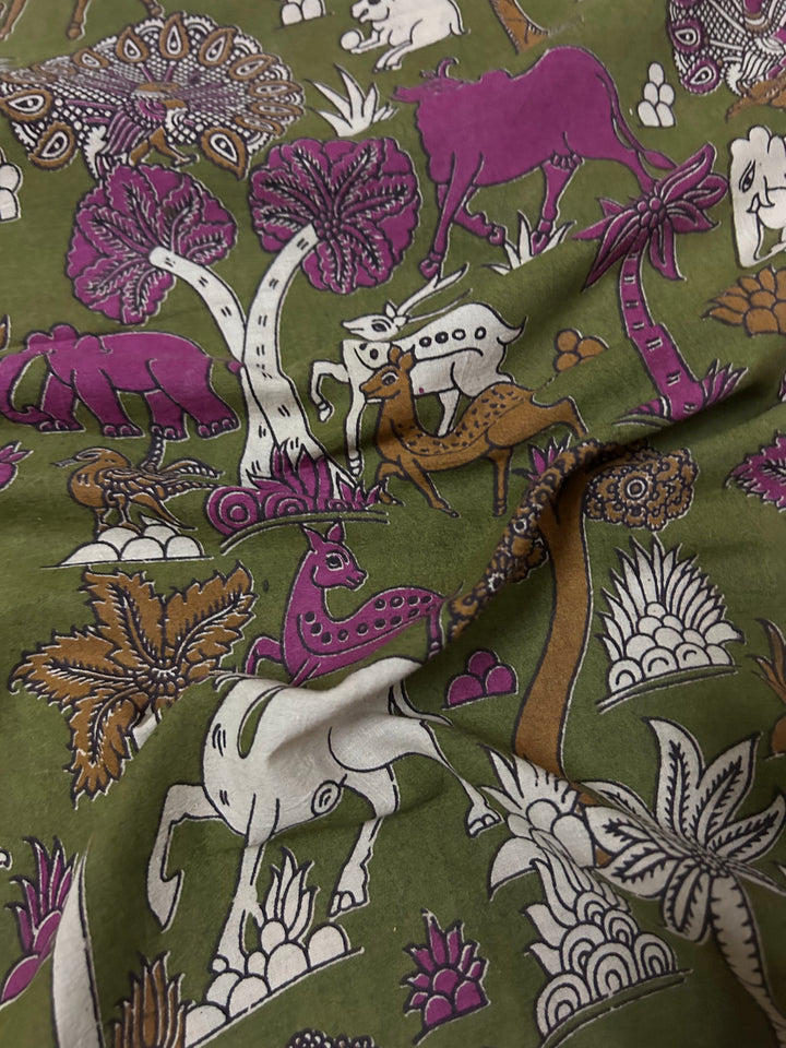 Green Kalamkari Animal Print With Theme Cotton Fabric