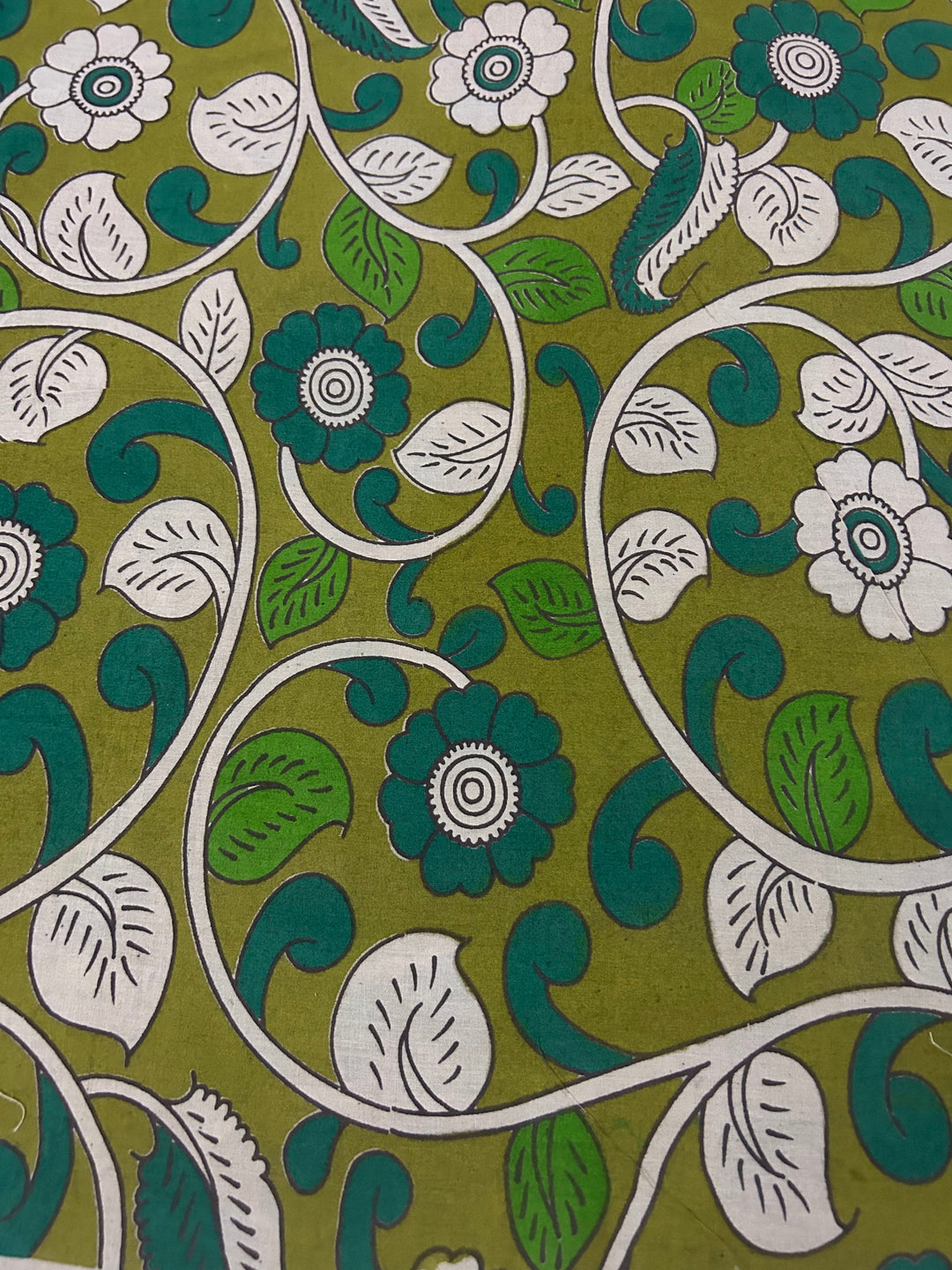 Green Kalamkari With Teal Green Whiteflower Print On Cotton Fabric