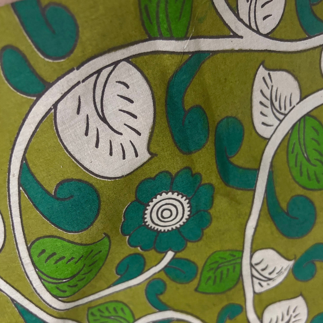 Green Kalamkari With Teal Green Whiteflower Print On Cotton Fabric