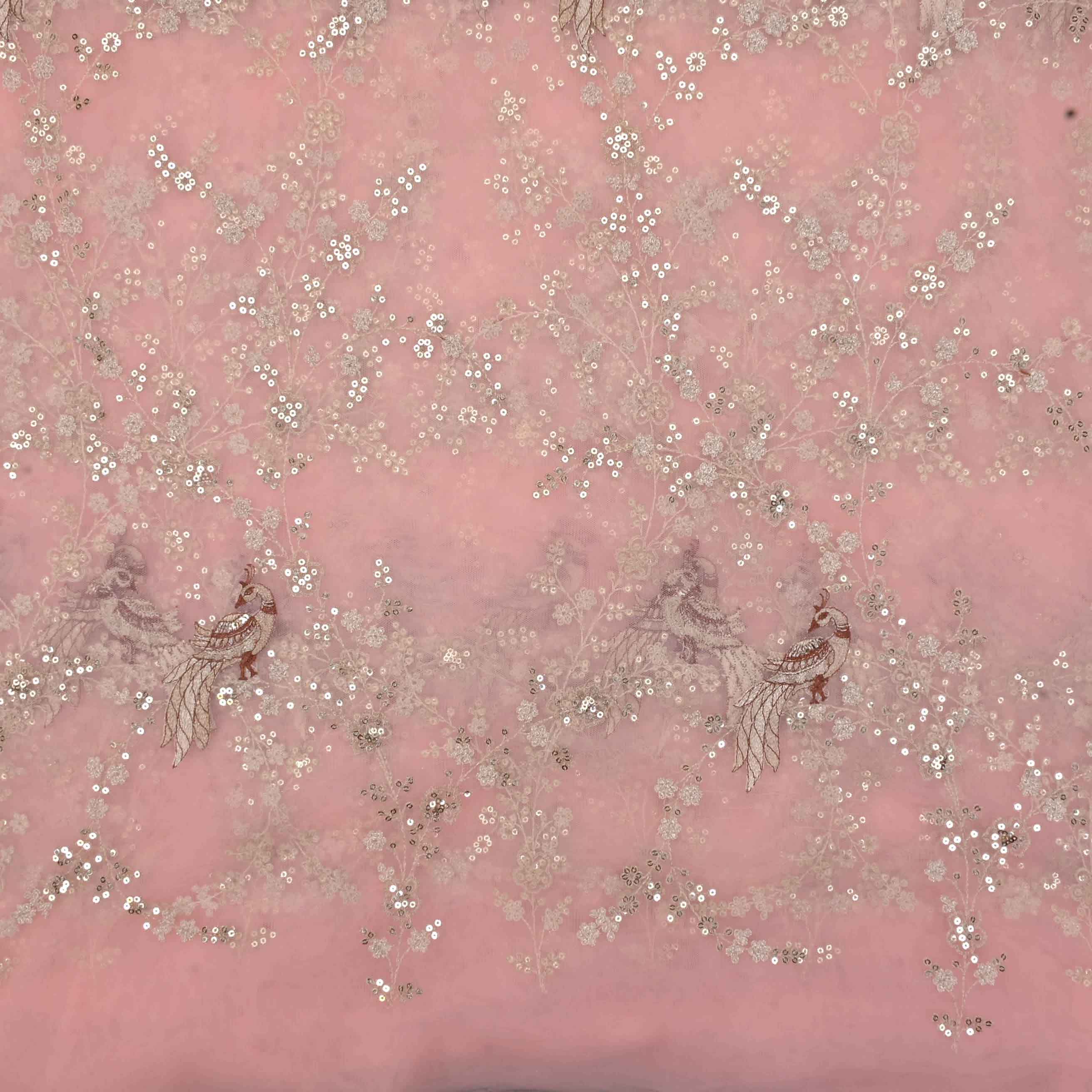 Salmon Pink Embroidery Net Fabric With Sequin And Threadwork