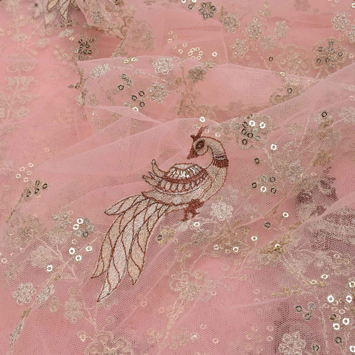 Salmon Pink Embroidery Net Fabric With Sequin And Threadwork