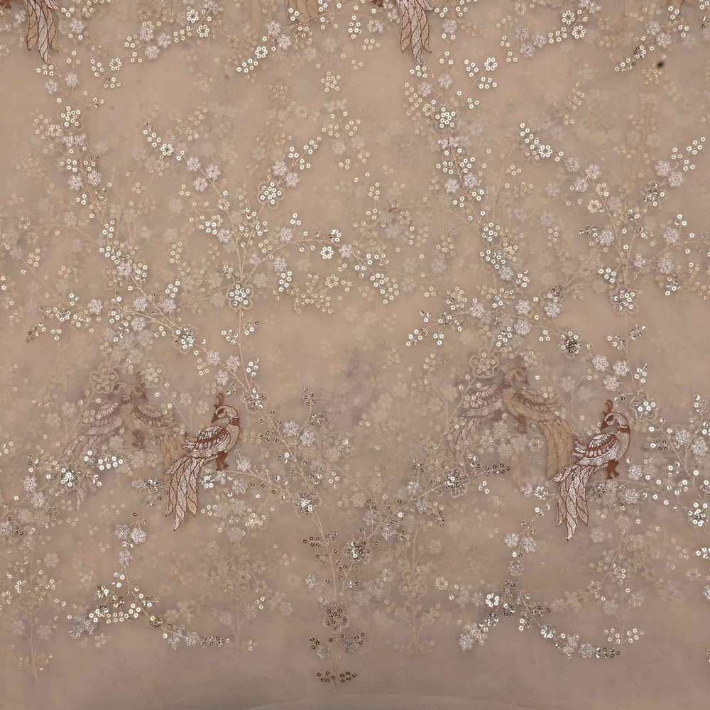 Cream White Embroidery Net Fabric With Sequin And Threadwork