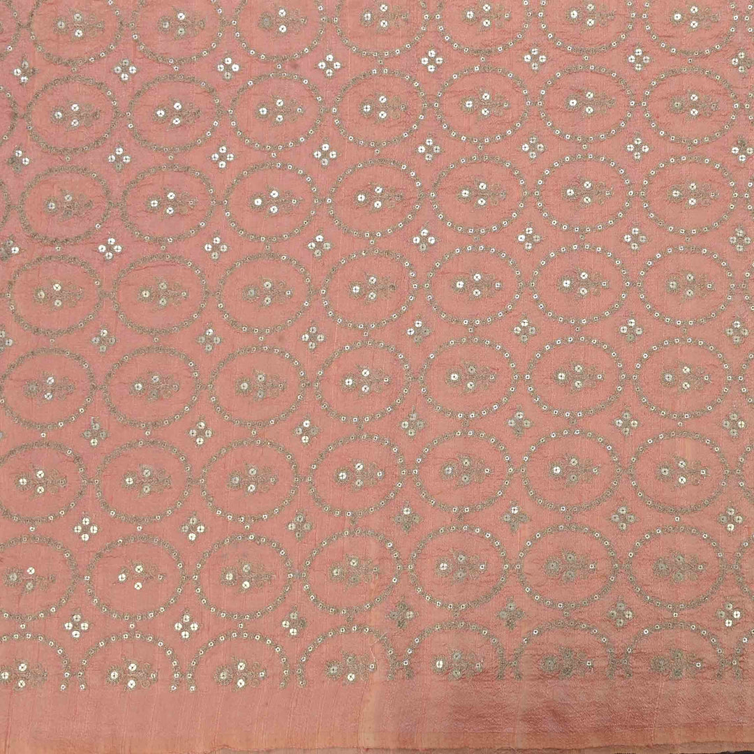 Crepe Pink Raw Silk Embroidered Fabric