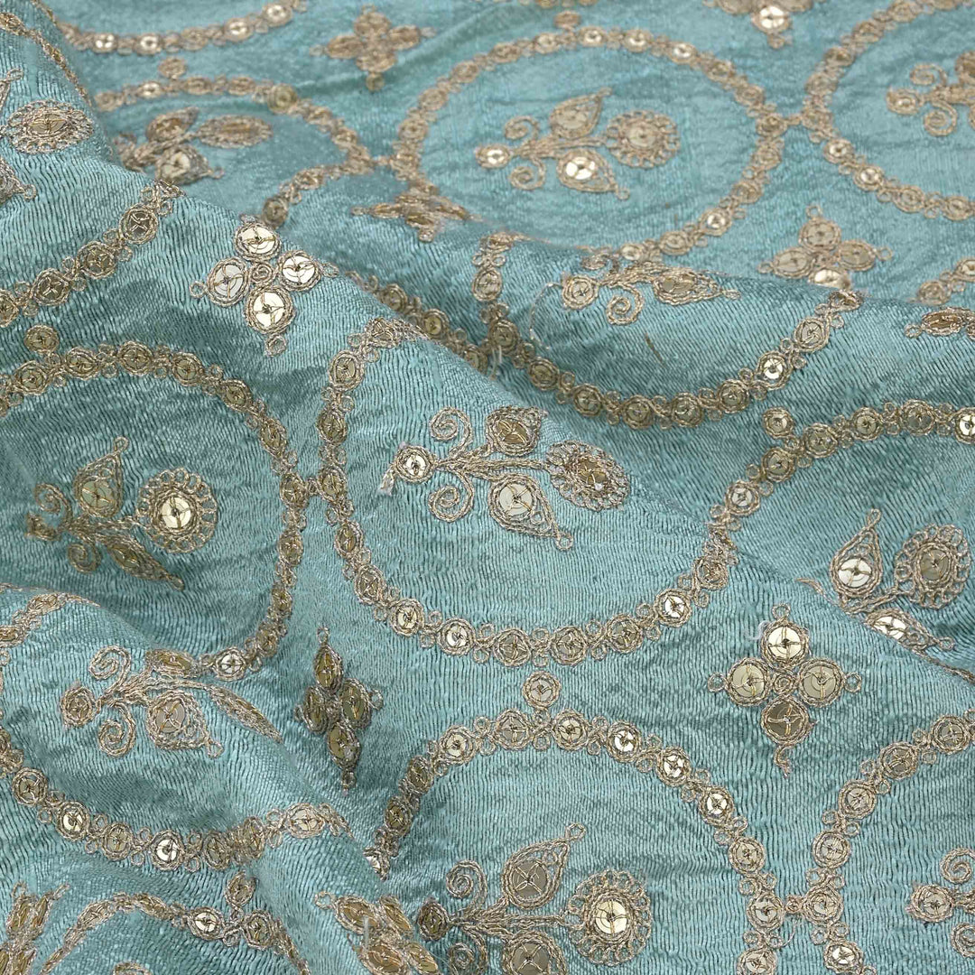 Sweet Aqua Raw Silk Embroidered Fabric
