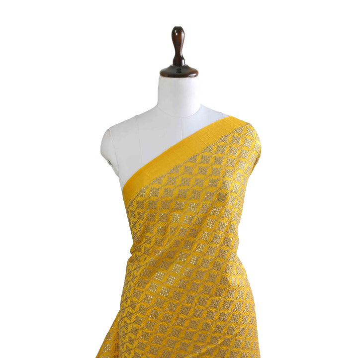 Sunflower Yellow Raw Silk Embroidered Fabric