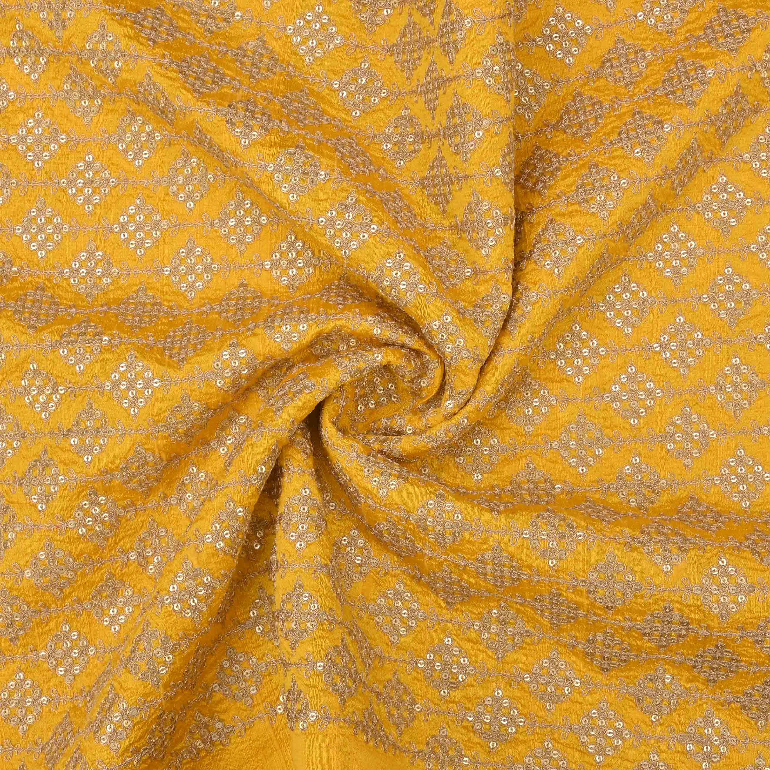 Sunflower Yellow Raw Silk Embroidered Fabric