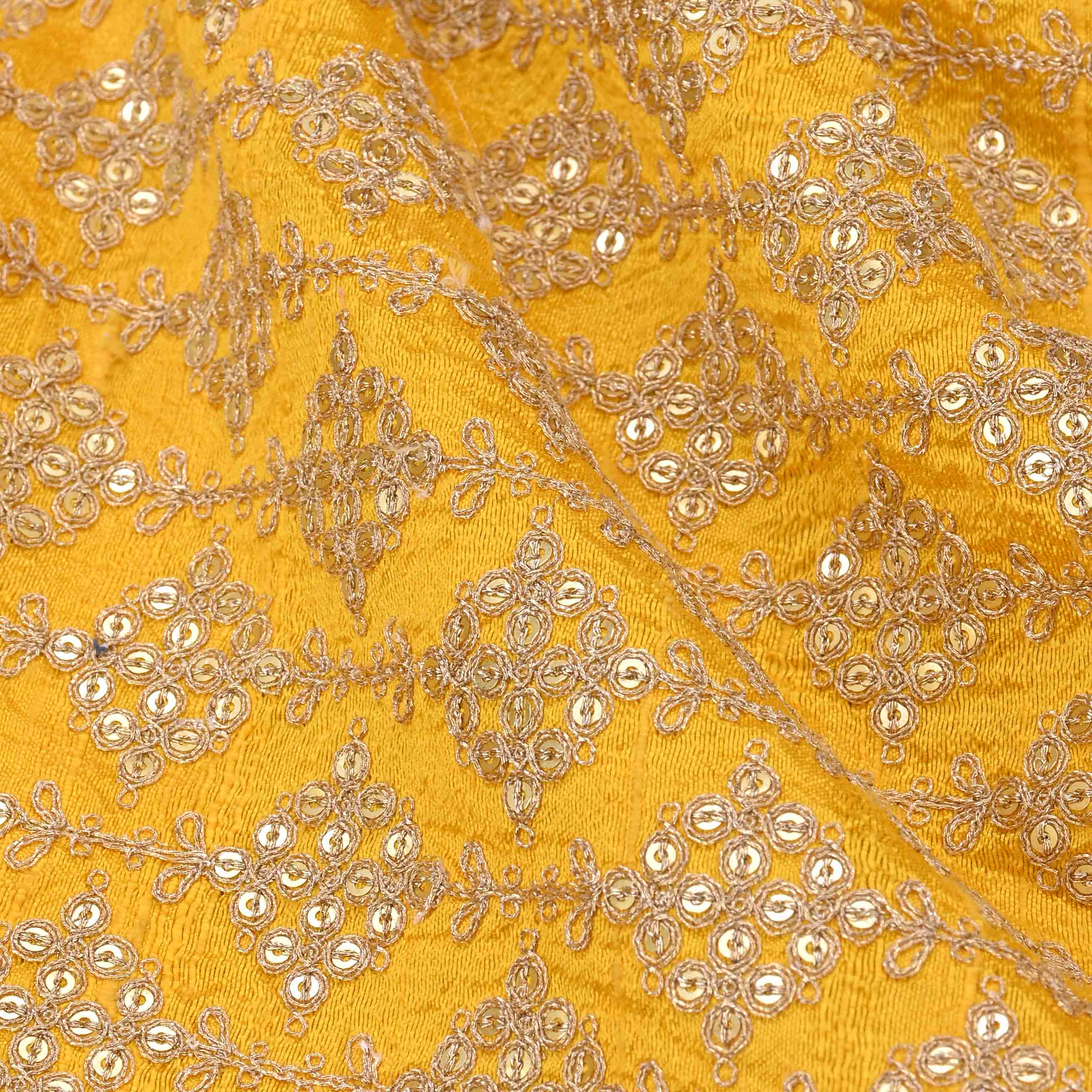 Sunflower Yellow Raw Silk Embroidered Fabric