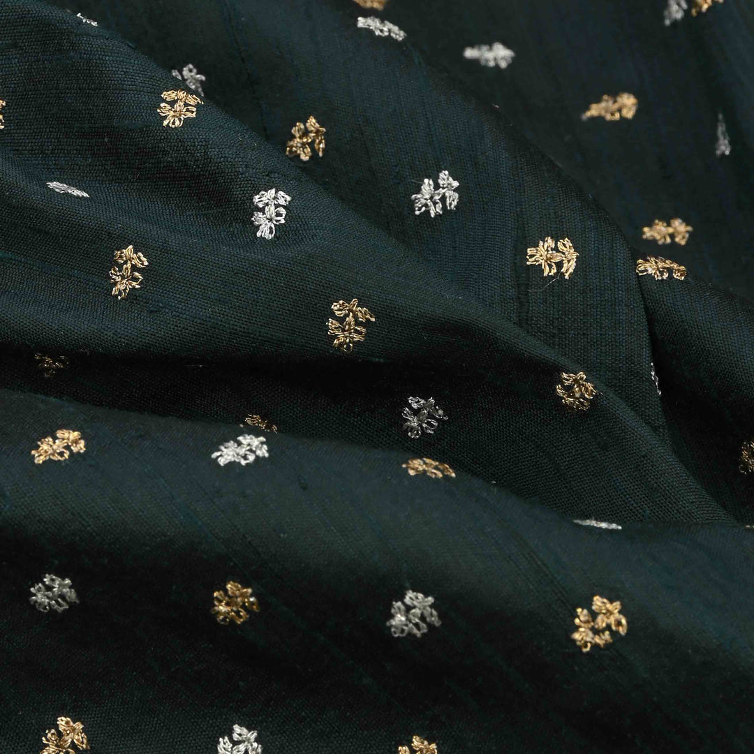Dark Jungle Green Raw Silk Embroidered Fabric