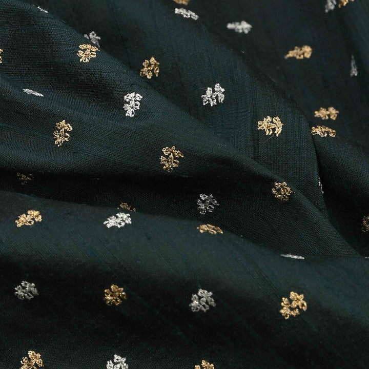 Dark Jungle Green Raw Silk Embroidered Fabric