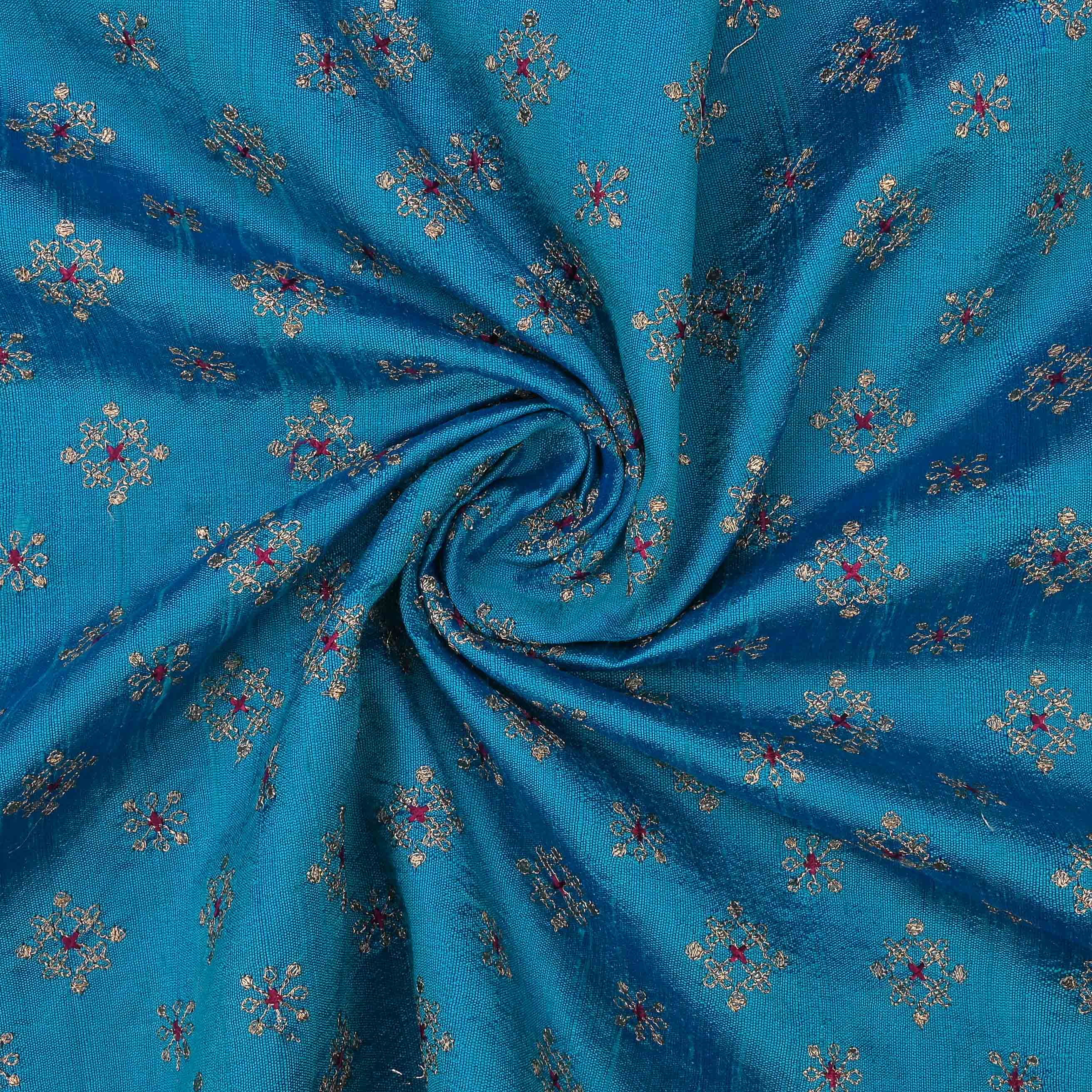 Capri Blue Raw Silk Embroidered Fabric