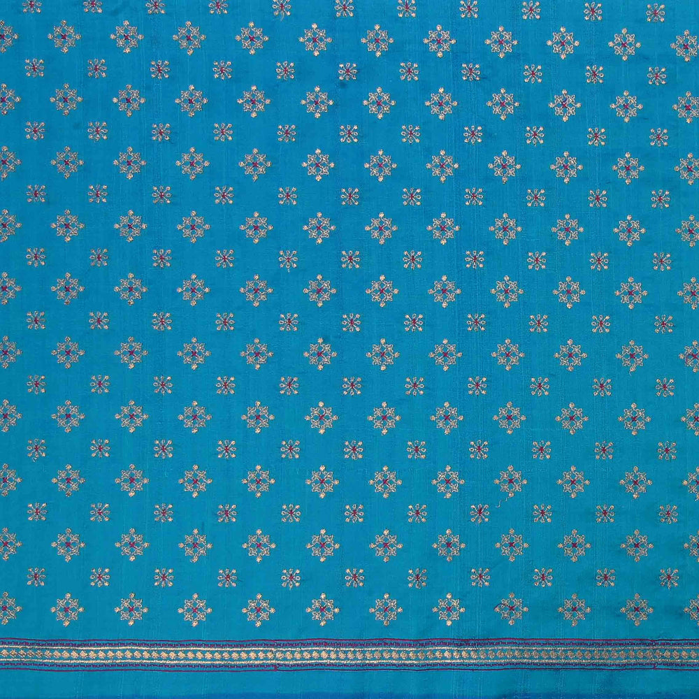 Capri Blue Raw Silk Embroidered Fabric