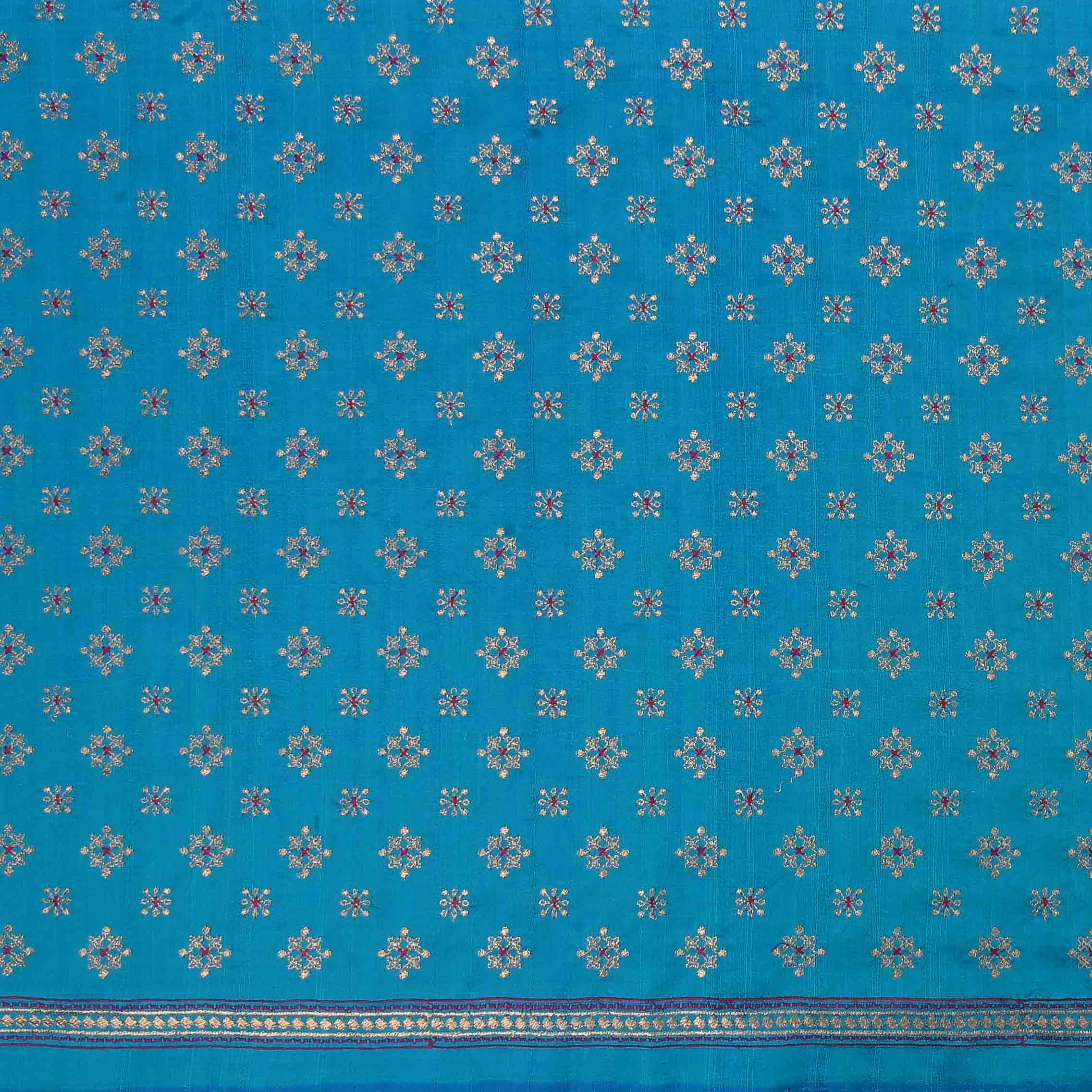 Capri Blue Raw Silk Embroidered Fabric