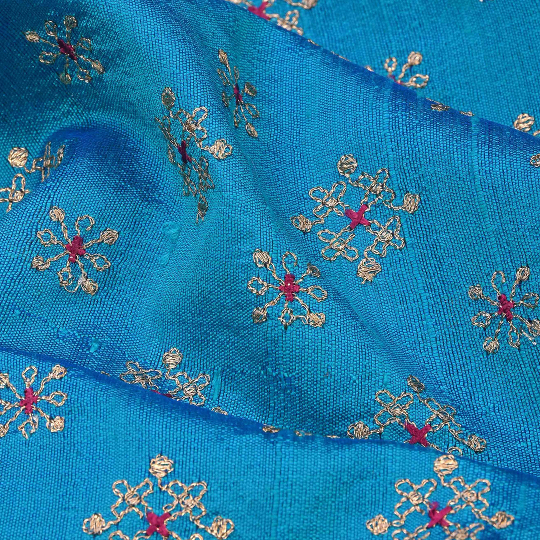 Capri Blue Raw Silk Embroidered Fabric