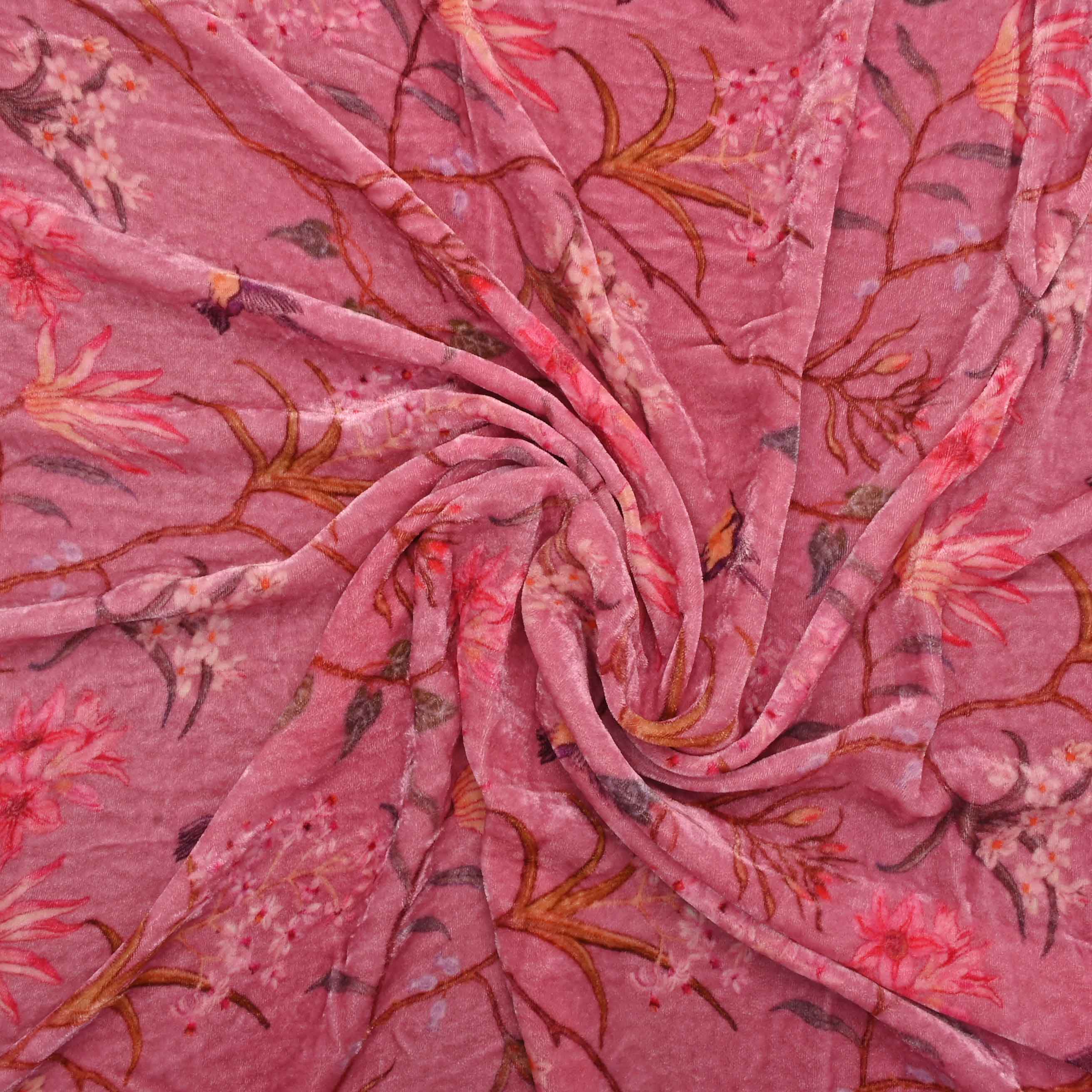 Pink Floral Printed Velvet Fabric