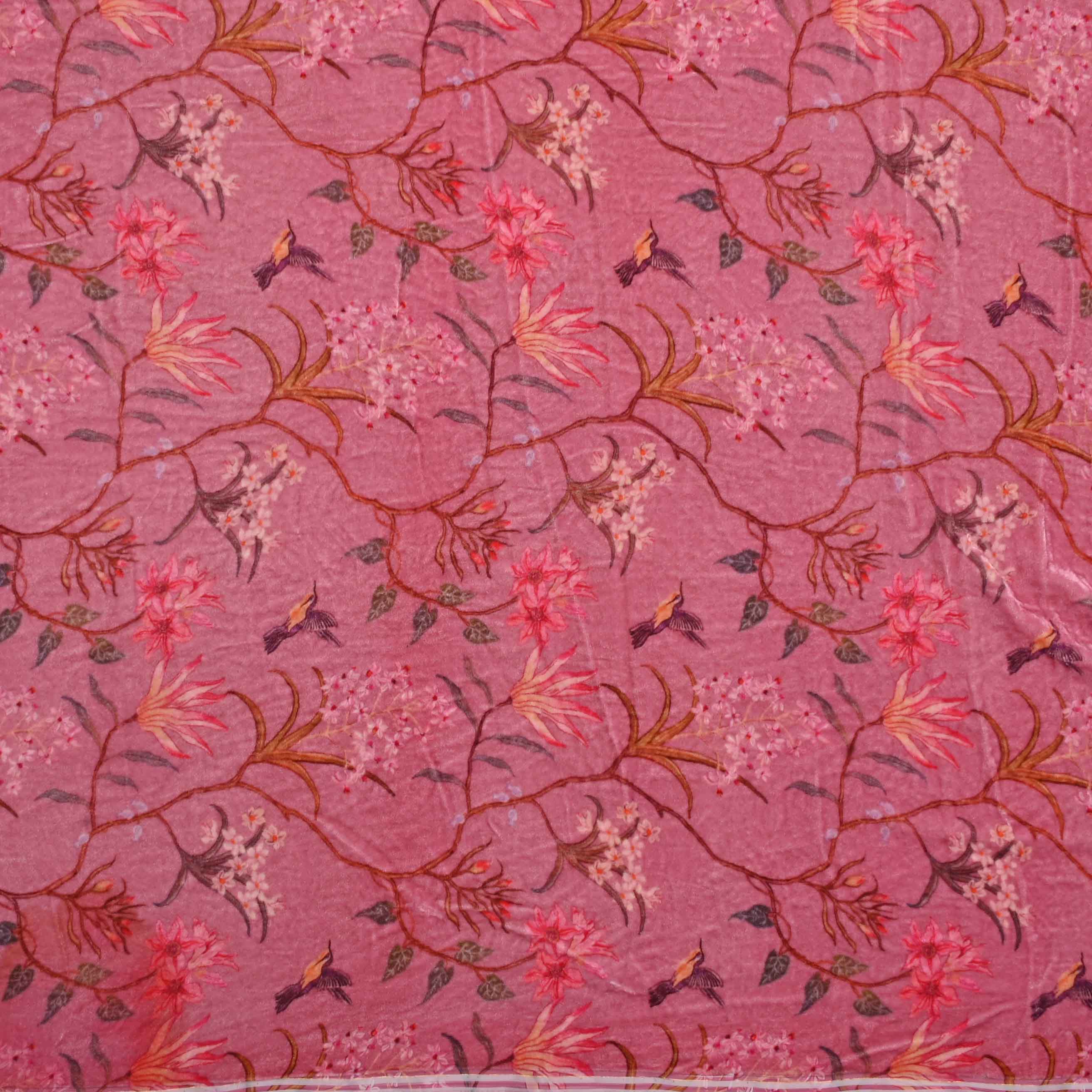 Pink Floral Printed Velvet Fabric