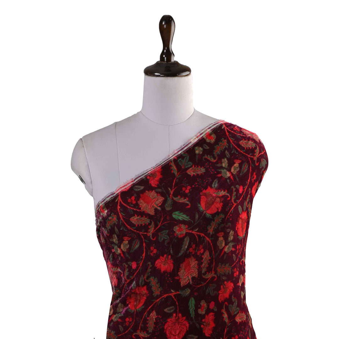 Red Floral Printed Velvet Fabric