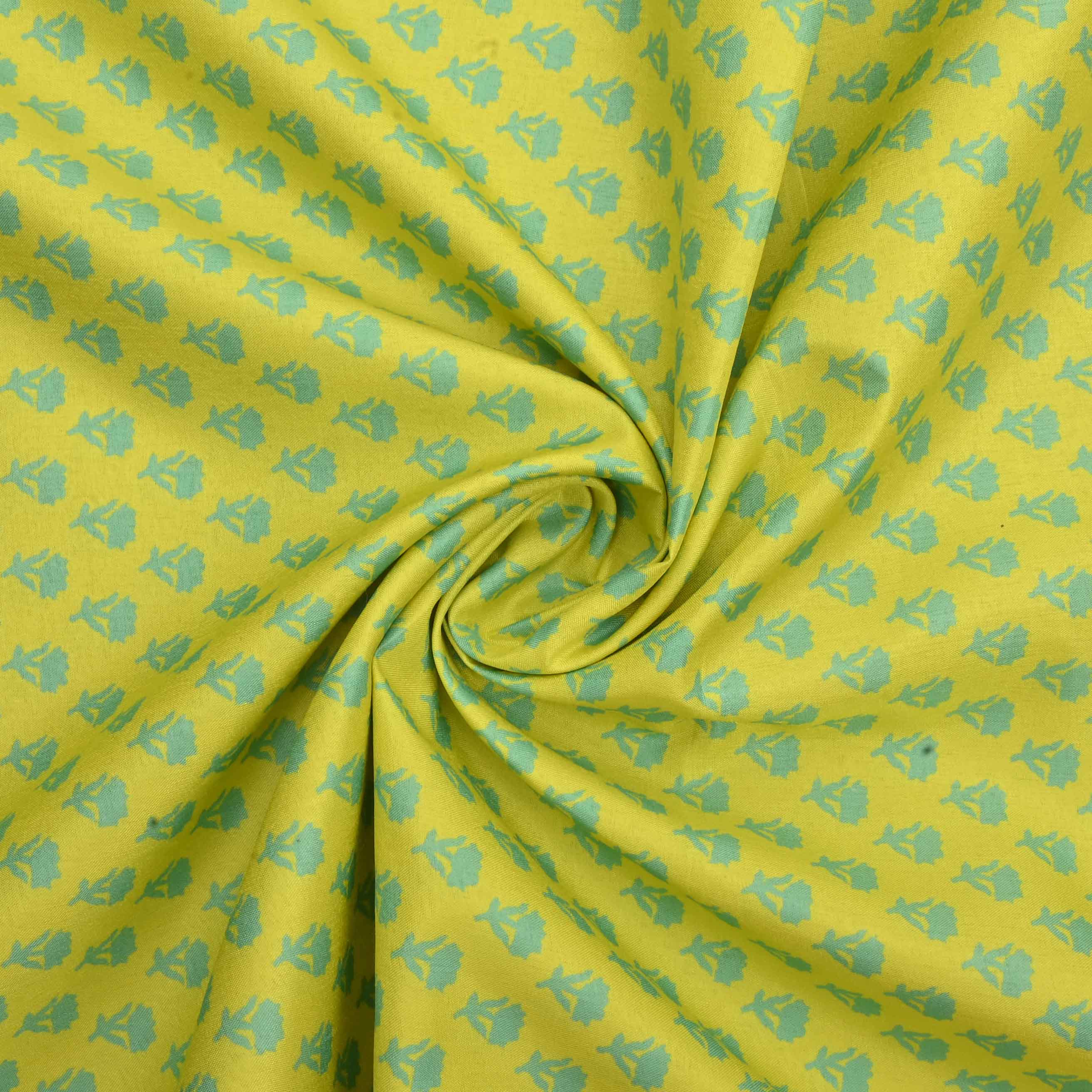 Yellow Mustard Floral Printed Tussar Fabric