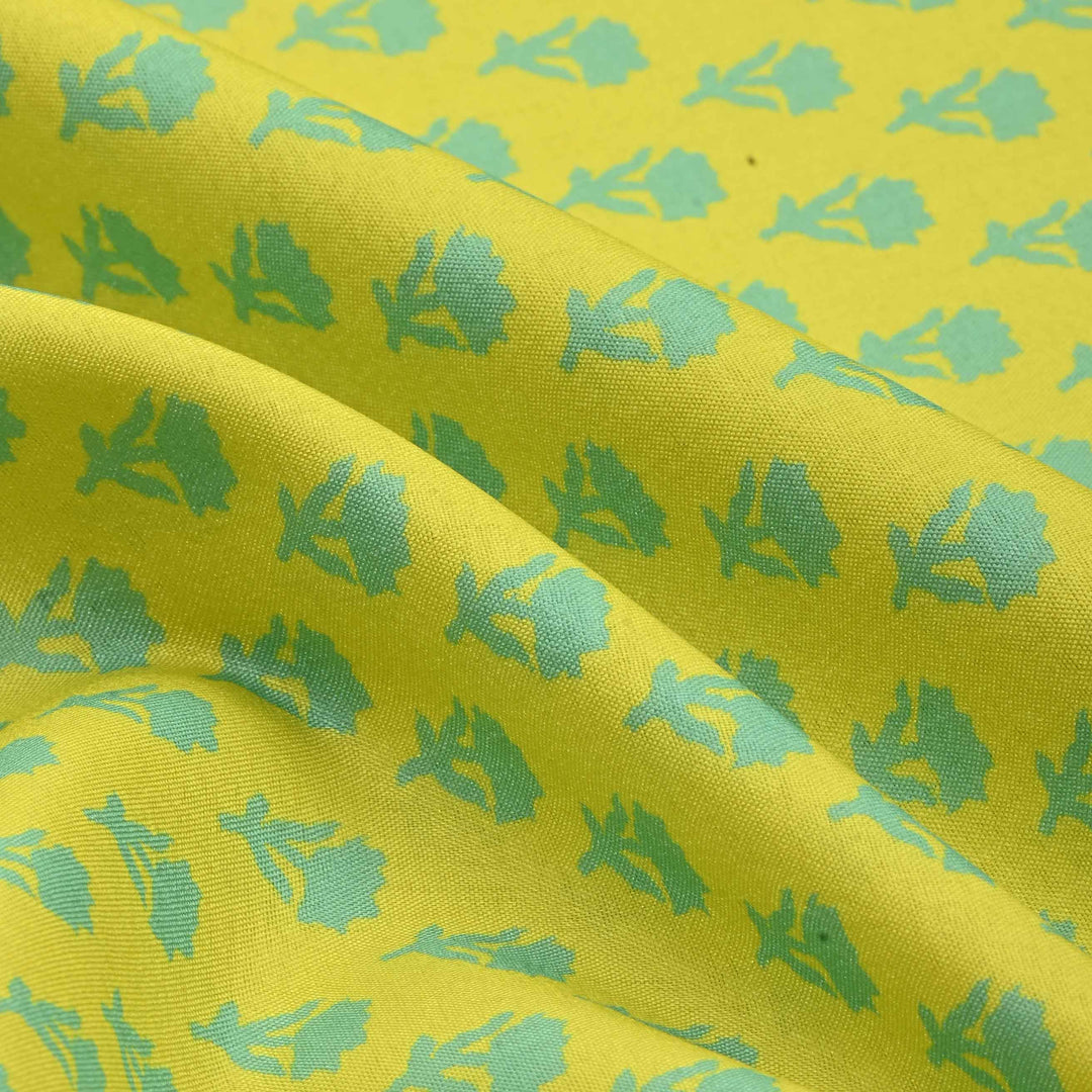 Yellow Mustard Floral Printed Tussar Fabric