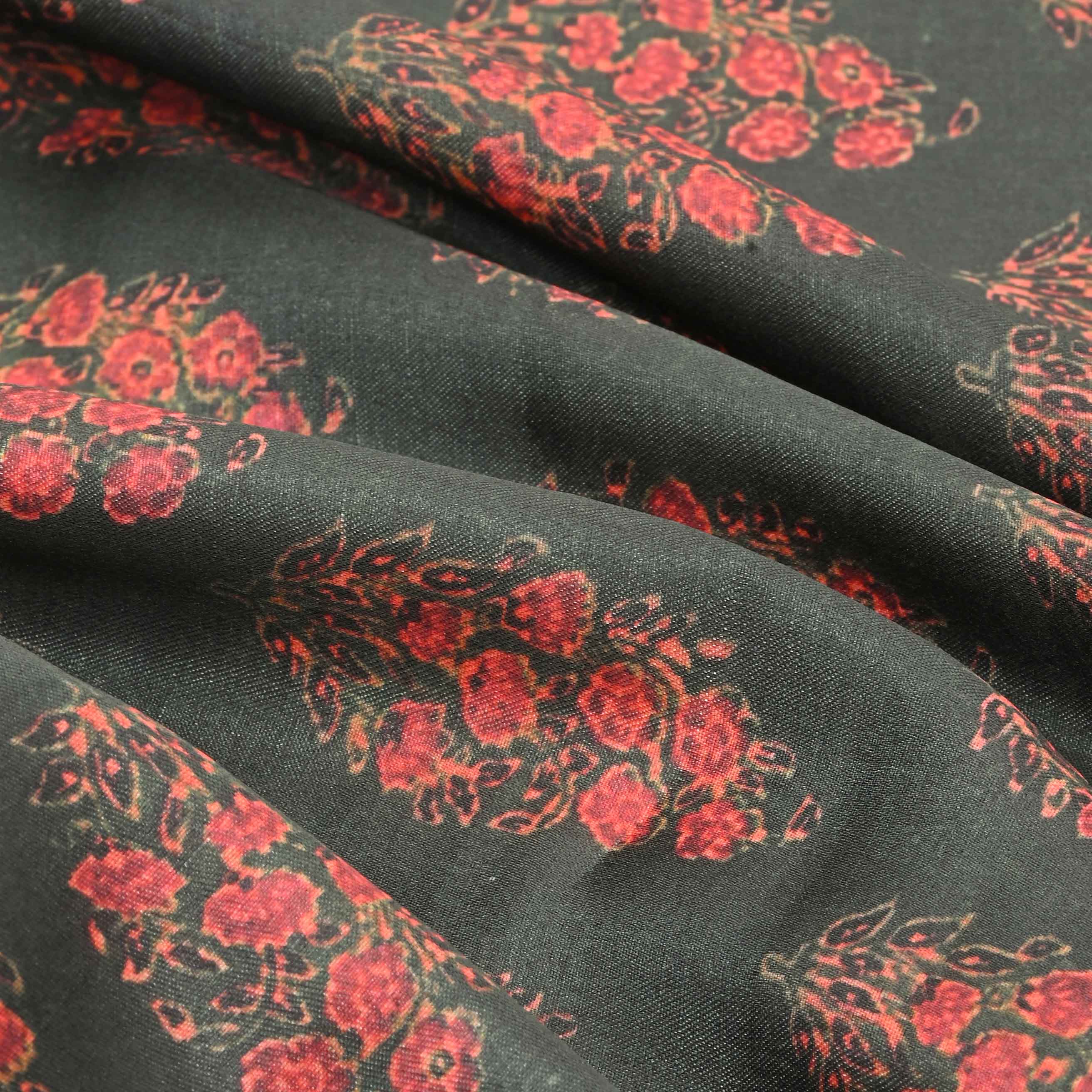 Green Floral Printed Tussar Fabric