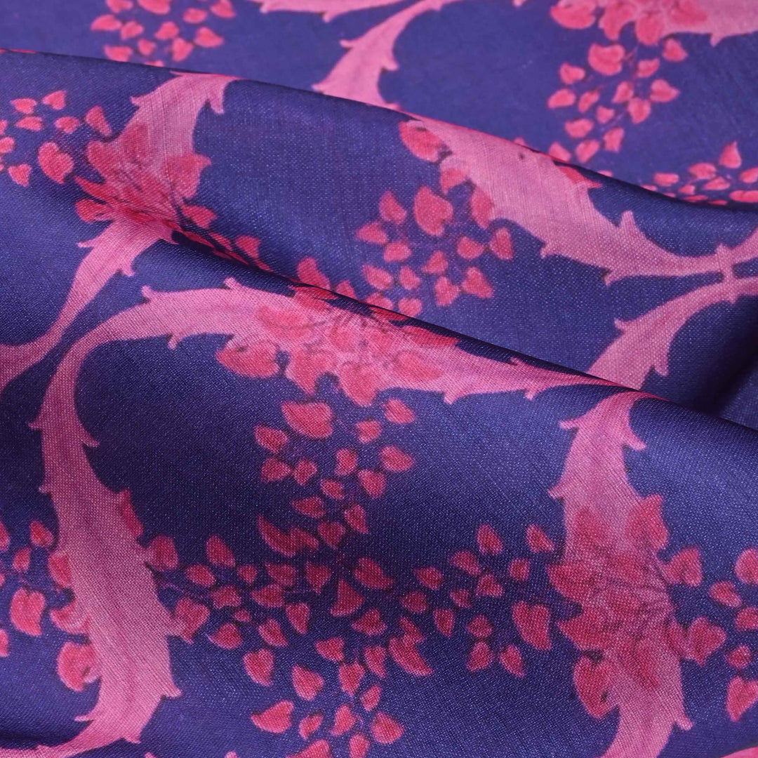 Blue Floral Printed Tussar Fabric