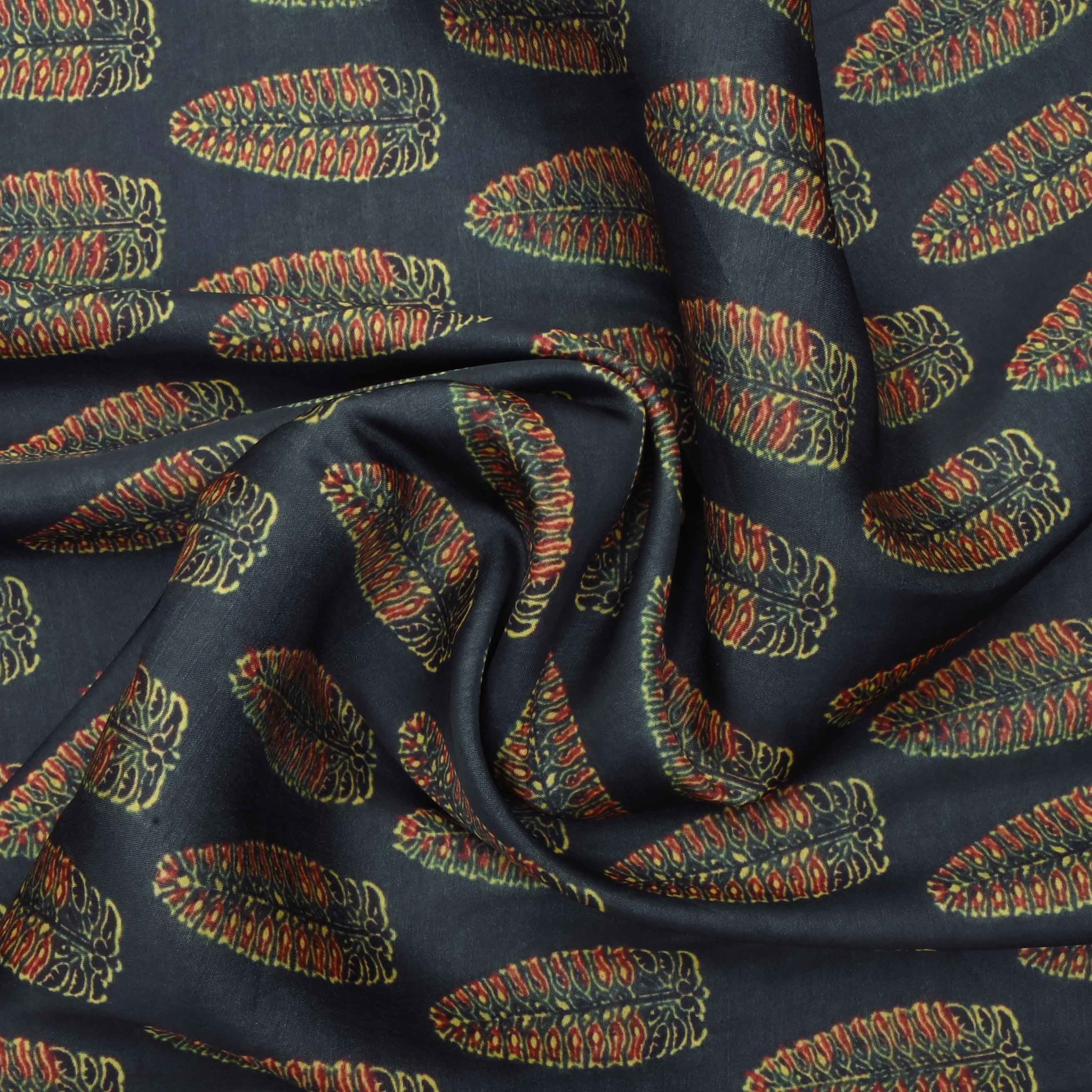 Black Floral Printed Tussar Fabric