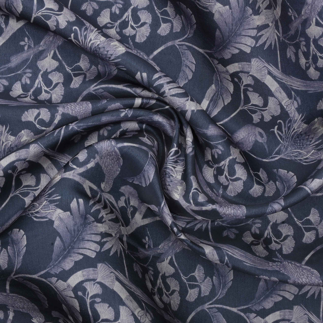 Grey Floral Printed Tussar Fabric