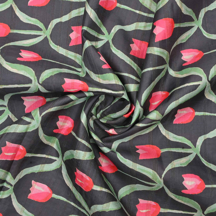 Black Floral Printed Tussar Fabric