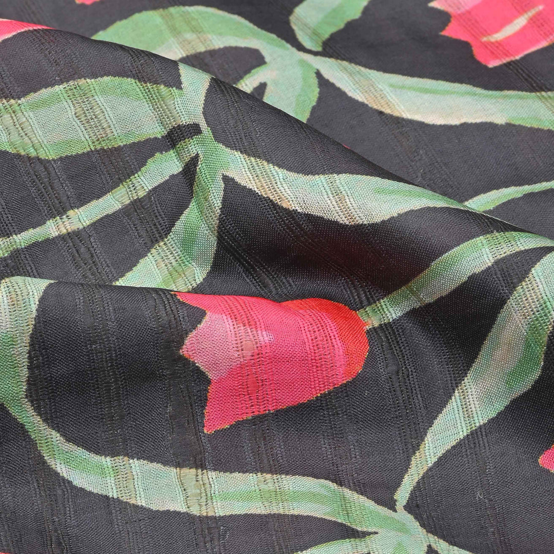 Black Floral Printed Tussar Fabric