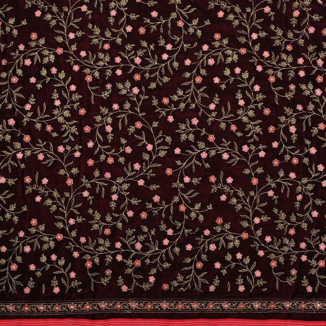 Red Zari Embroidery Embroidery Velvet Fabric