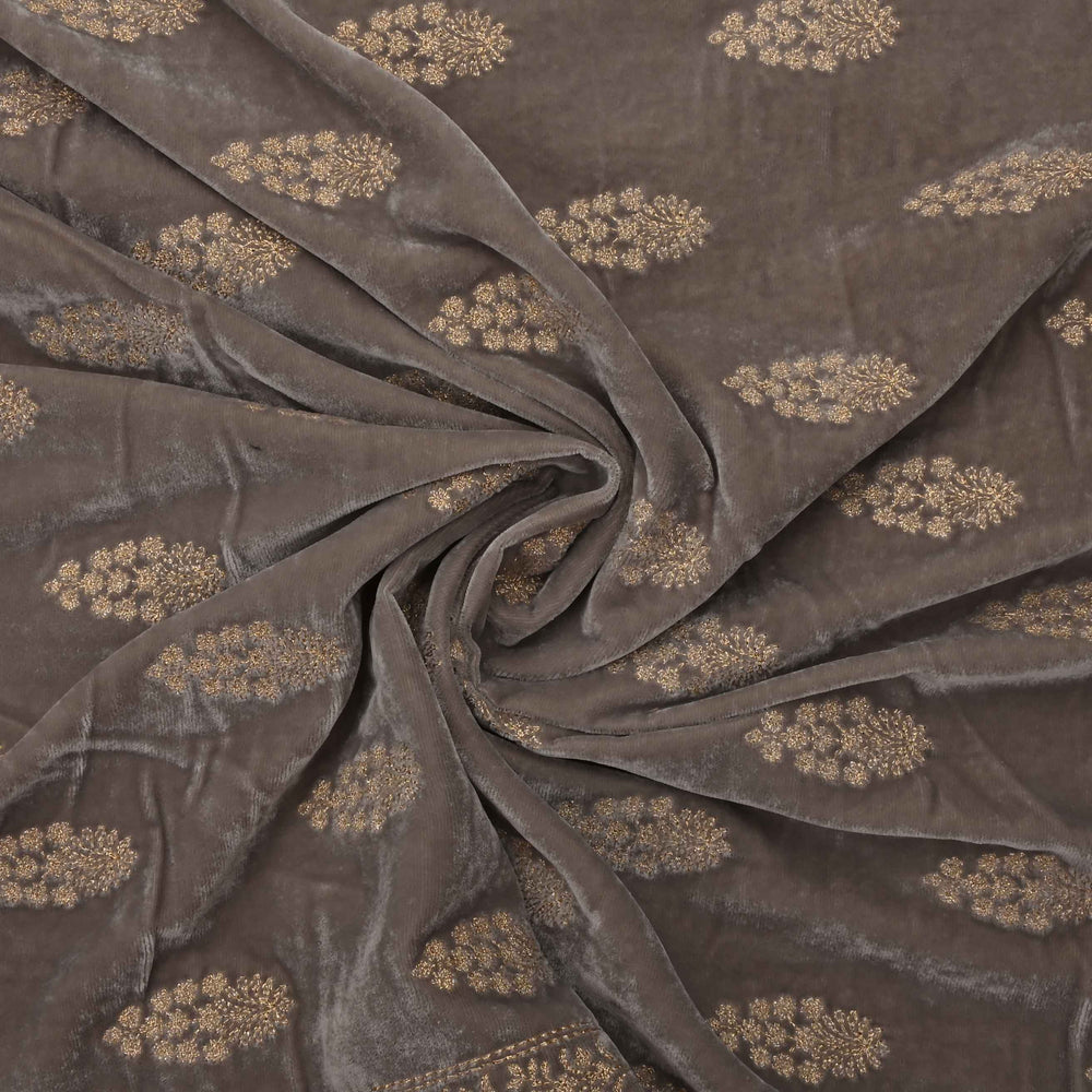 Grey Embroidered Velvet Fabric