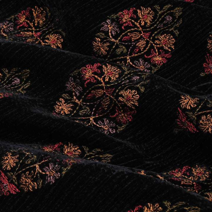 Black Threadwork Embroidery Velvet Fabric