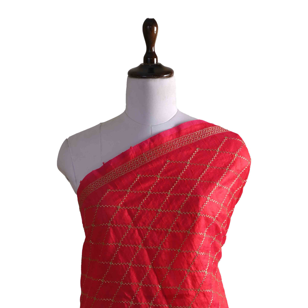 Beautiful Red Embroidery Rawsilk Fabric
