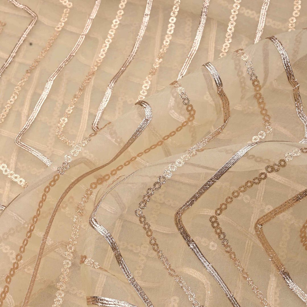 Cream-Beige Organza Fabric With Gota And Sequin Work