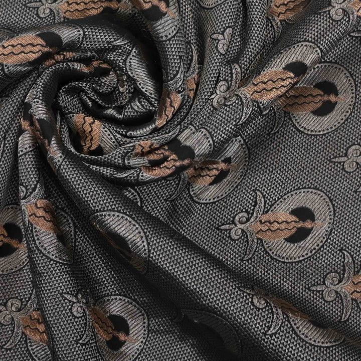 Matte Black Banarasi Brocade Fabric With Floral Weaving